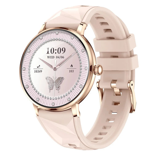 AK107 Women Smart Watch 1.19 inch AMOLED Health Monitor Bluetooth-compatible Calling, Silicone Strap - Rose Gold - 1
