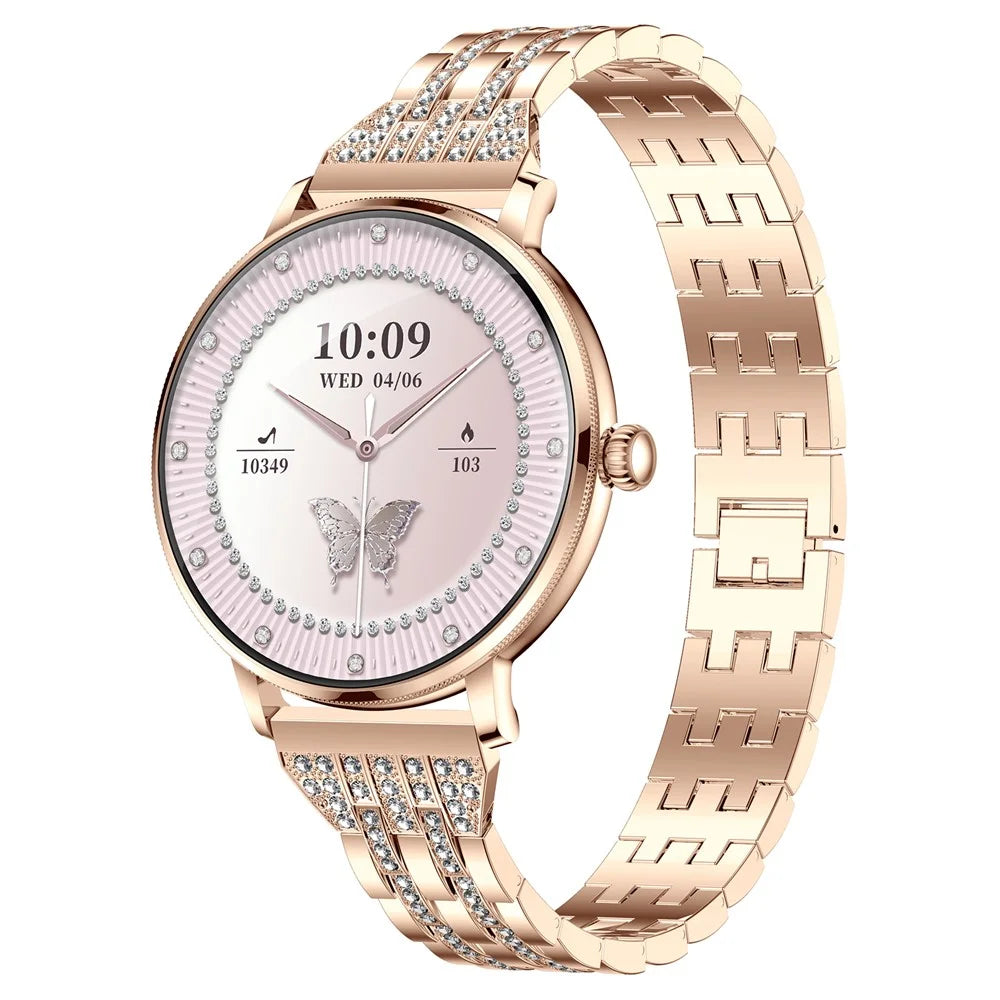 AK107 Women Smart Watch 1.19 inch AMOLED Health Monitor Bluetooth-compatible Calling, Rhinestone+Steel Strap - Rose Gold - 1