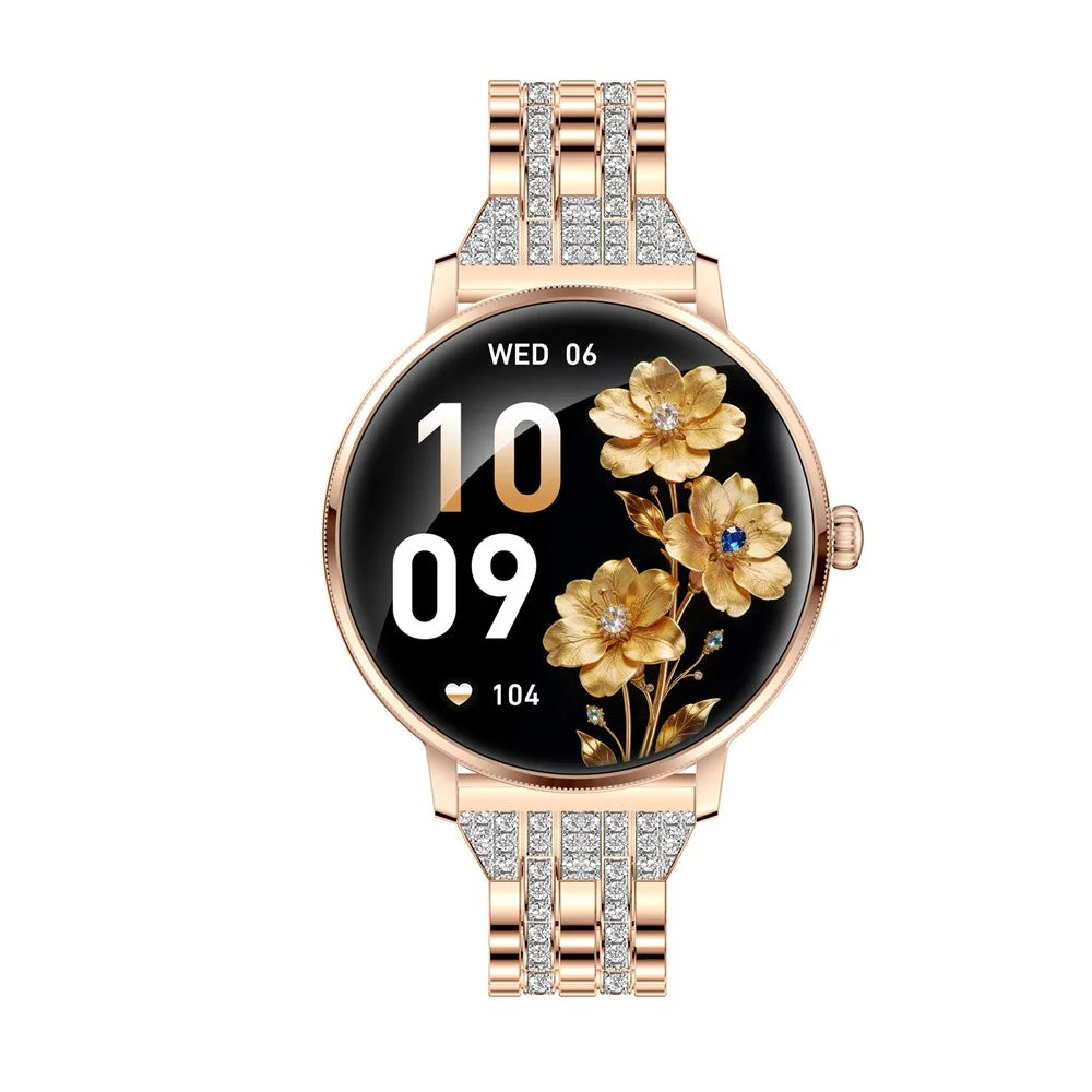 AK107 Women Smart Watch 1.19 inch AMOLED Health Monitor Bluetooth-compatible Calling, Rhinestone+Steel Strap - Rose Gold - 2
