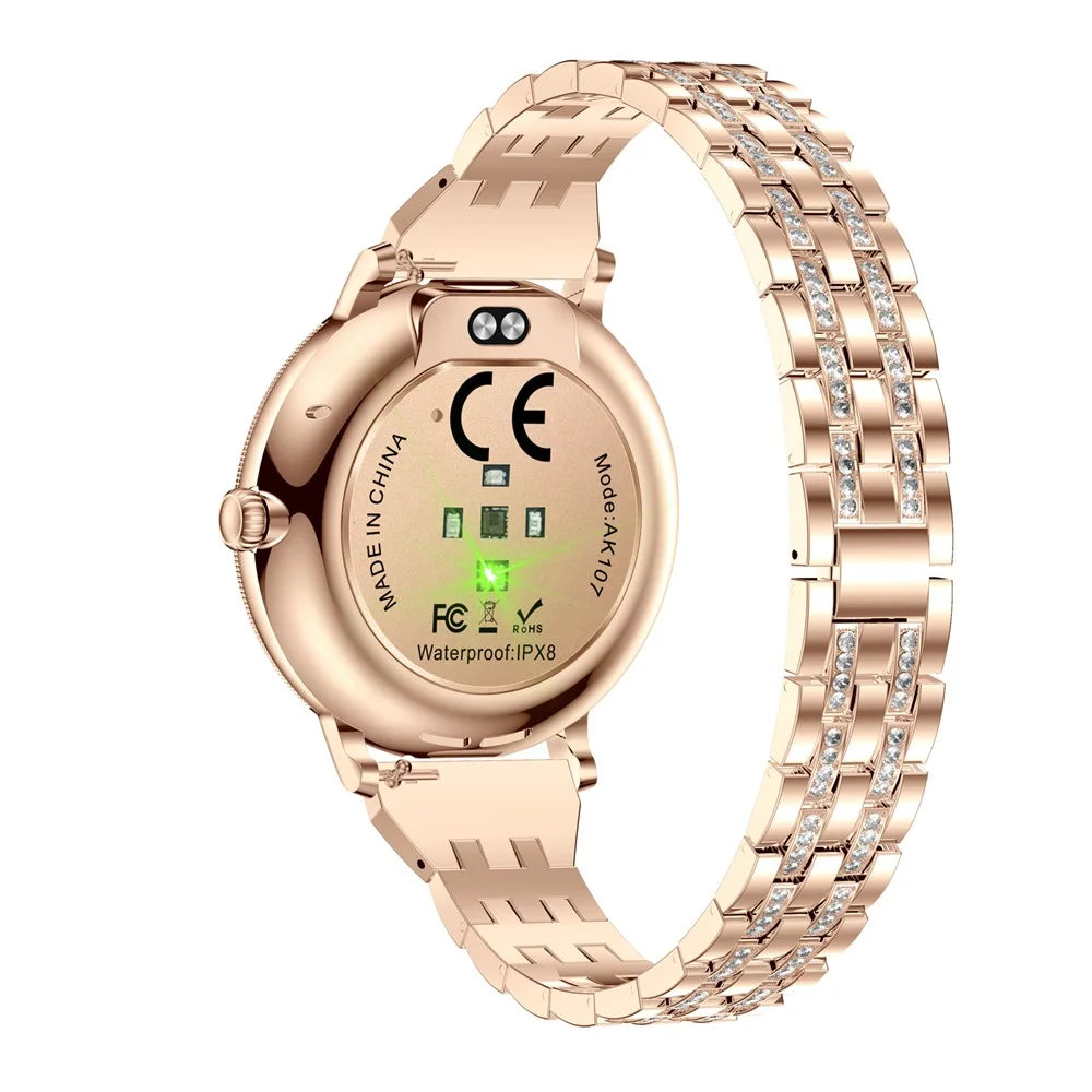 AK107 Women Smart Watch 1.19 inch AMOLED Health Monitor Bluetooth-compatible Calling, Rhinestone+Steel Strap - Rose Gold - 3