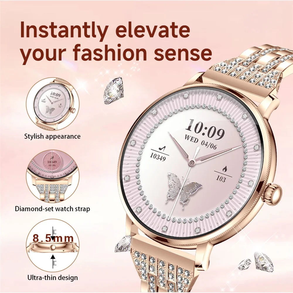 AK107 Women Smart Watch 1.19 inch AMOLED Health Monitor Bluetooth-compatible Calling, Rhinestone+Steel Strap - Rose Gold - 5