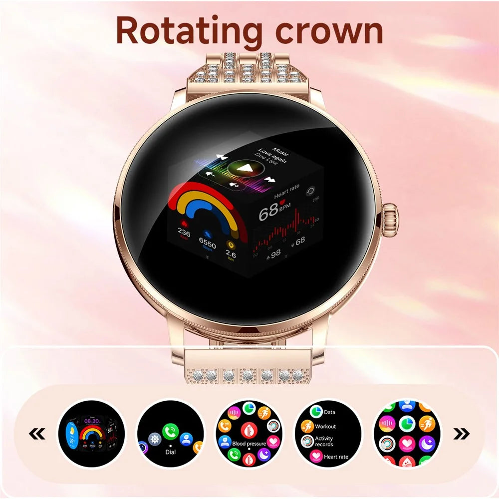 AK107 Women Smart Watch 1.19 inch AMOLED Health Monitor Bluetooth-compatible Calling, Rhinestone+Steel Strap - Rose Gold - 6
