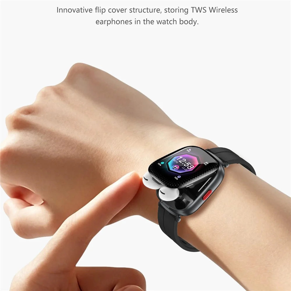 D22 2 in 1 Smart Watch Bluetooth-Compatible Earbuds 1.88 Inch Touch Screen AI Voice Assistant Real-Time Translation, Silicone Strap - Black - 2