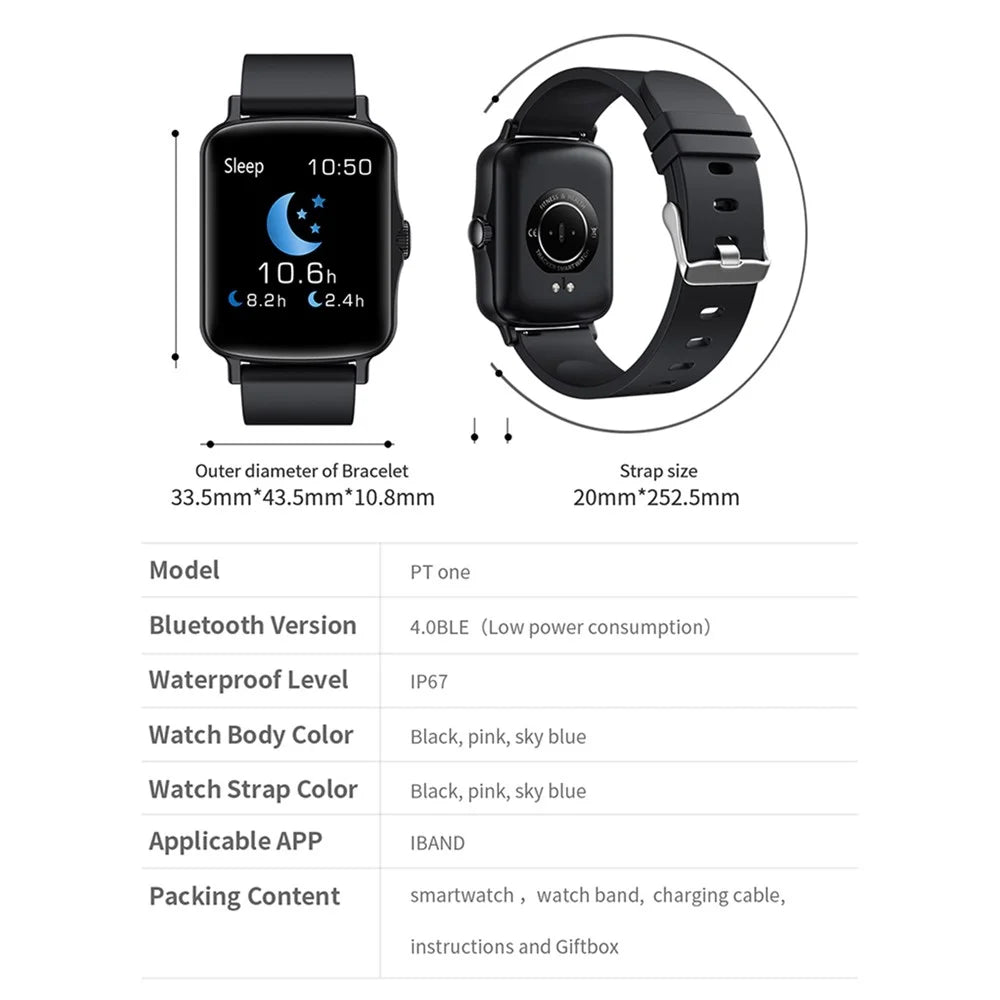 PTONE Stylish Sports Fitness Square Smart Watch Waterproof Bluetooth-compatible Heart Rate Sleep Health Monitoring Smart Bracelet - Black - 6
