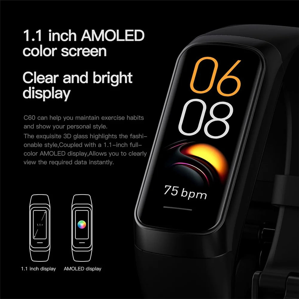 C60 1.1 Inch AMOLED Screen Fitness Band Heart Rate Blood Oxygen Sleep Tracker 25 Sports Modes Smart Wristband - Black - 4
