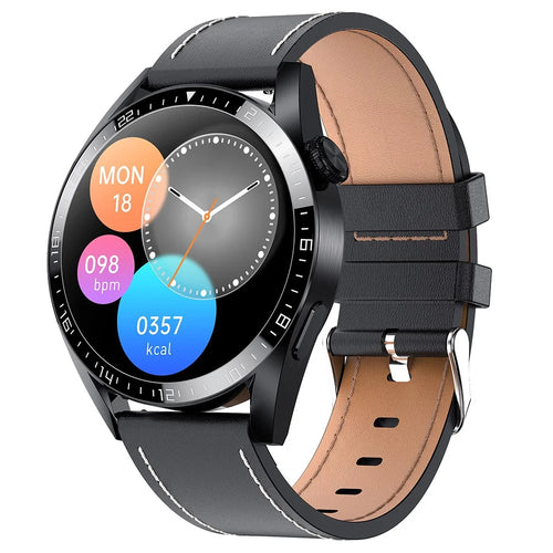 i39 1.28 inch Round Full Touch Screen Smart Watch Music Control Bluetooth-compatible Call Heart Rate Monitor Sports Wristwatch, Leather Strap - Black - 1