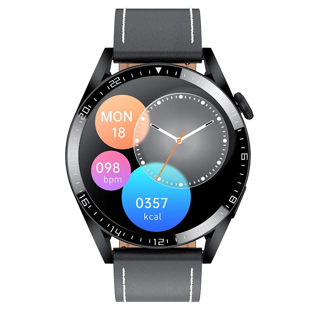 i39 1.28 inch Round Full Touch Screen Smart Watch Music Control Bluetooth-compatible Call Heart Rate Monitor Sports Wristwatch, Leather Strap - Black - 3