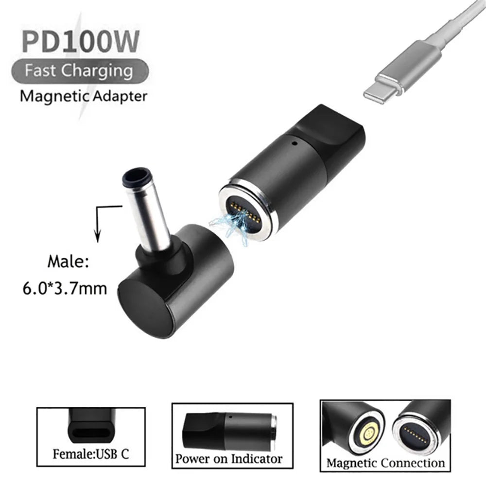 100W Magnetic Adapter for ASUS Gaming Laptop Type-C Female to 6.0mmx3.7mm Male Plug PD Fast Charging Converter - 2