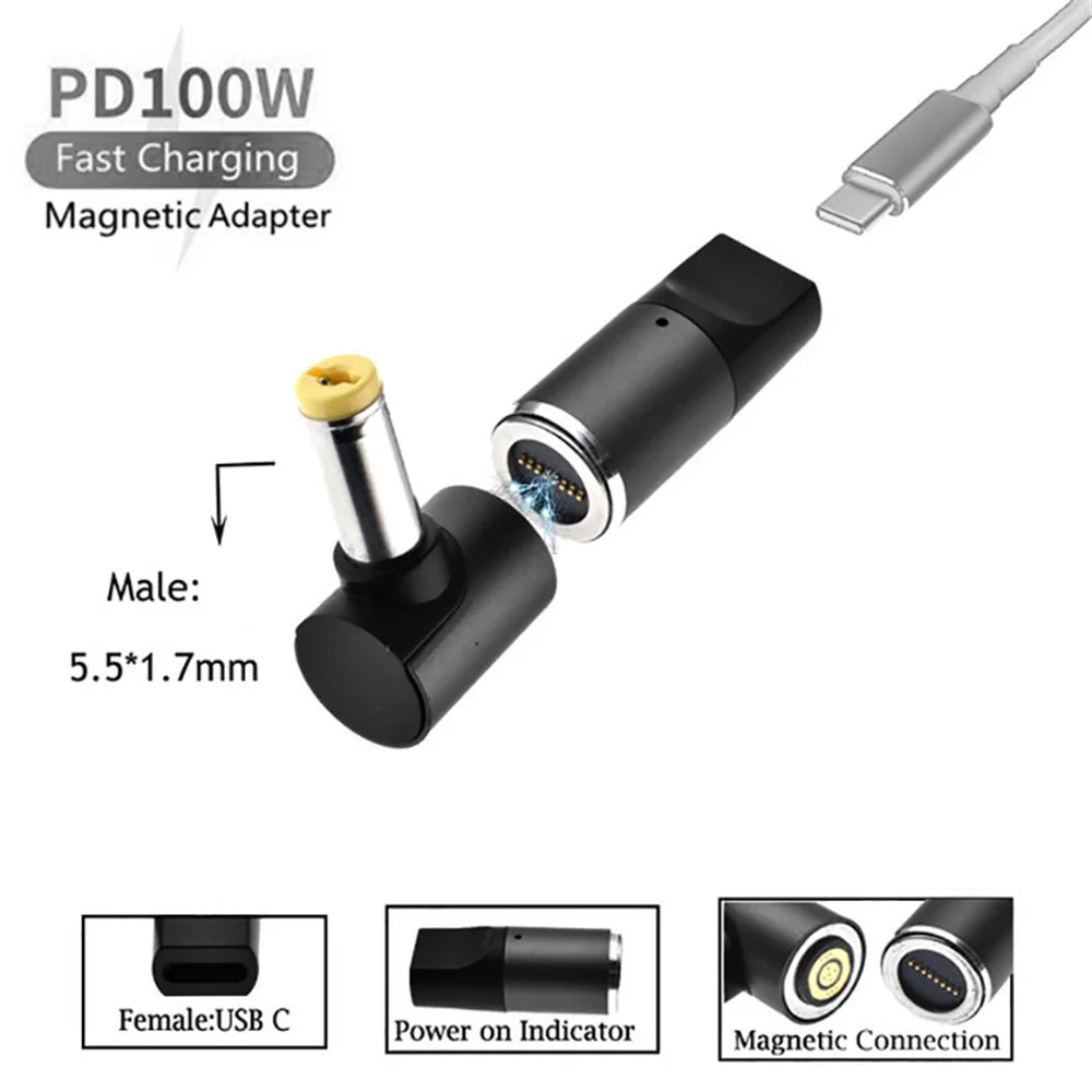 For Acer Laptop 100W Magnetic USB Type-C Female to 5.5mmx1.7mm Male PD Fast Charging Adapter - 2