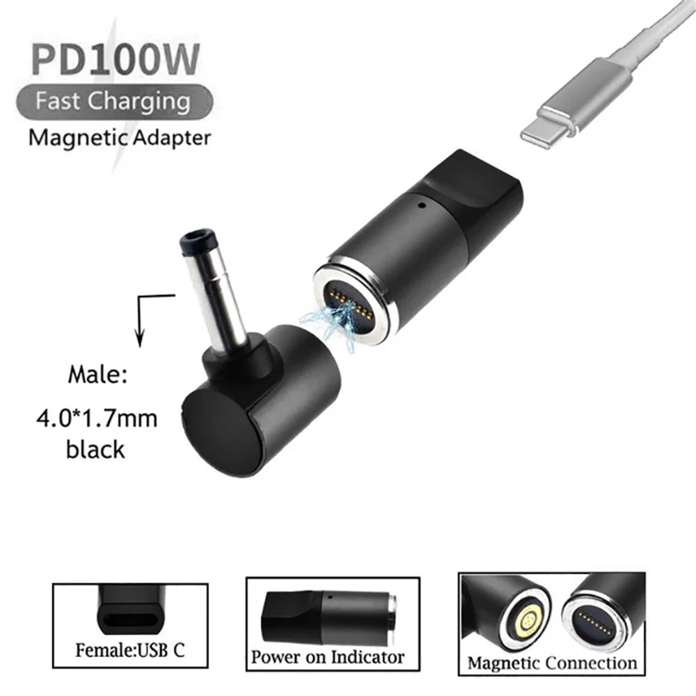 For Lenovo Ideapad Laptop Charging Adapter 100W Magnetic Type-C Female to 4.0mmx1.7mm Male Fast Charging Converter - 2