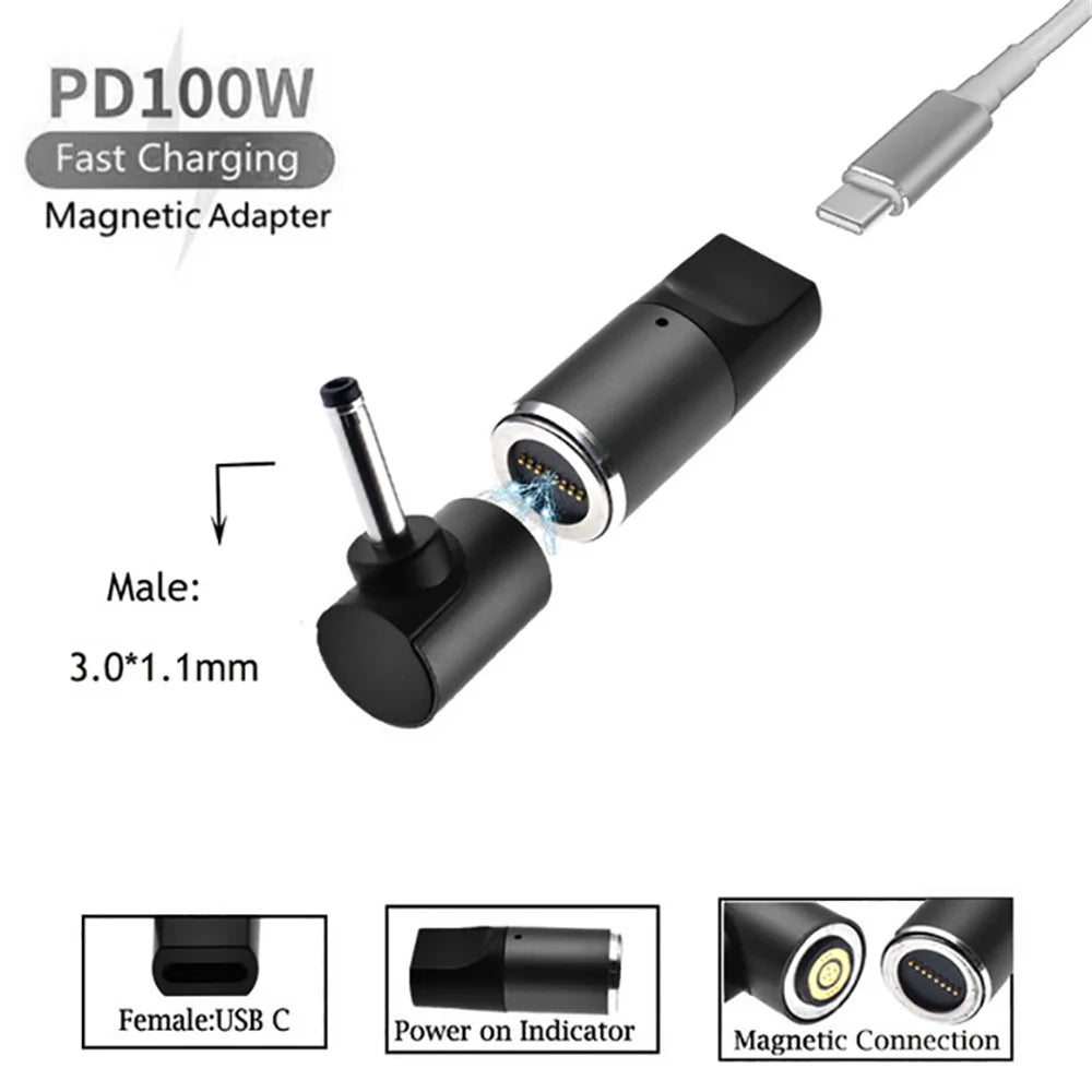 For ASUS/Acer/LG/Samsung Laptop 100W Magnetic Adapter Type-C Female to 3.0mmx1.1mm Male Plug Fast Charging Converter - 2