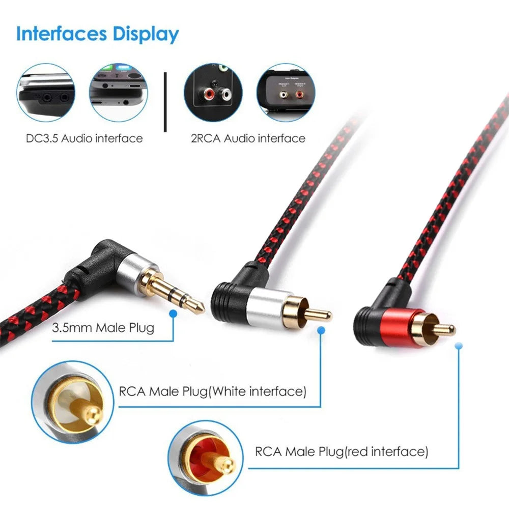 1m 90 Degree 3.5mm to 2 RCA Male Splitter Aux Cable for Phone Tablet Laptop - 3