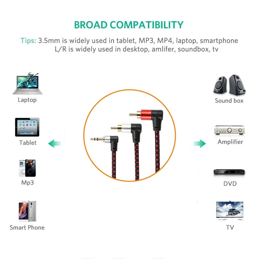 1m 90 Degree 3.5mm to 2 RCA Male Splitter Aux Cable for Phone Tablet Laptop - 4