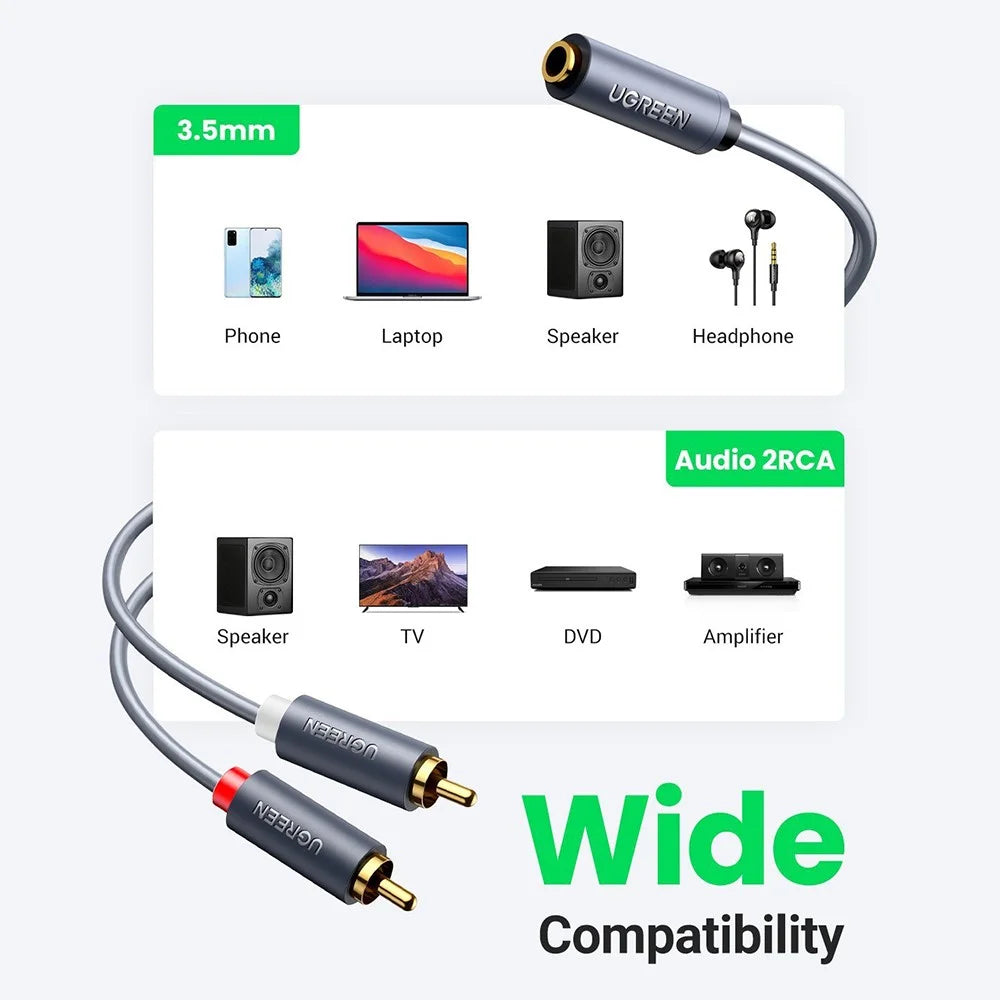 UGREEN 10561 0.25-Meter 3.5mm AUX Female to 2RCA Male Y Splitter AUX Audio Adapter RCA Cord for Smartphones/Speakers/Tablets/HDTV/MP3 Players - 3