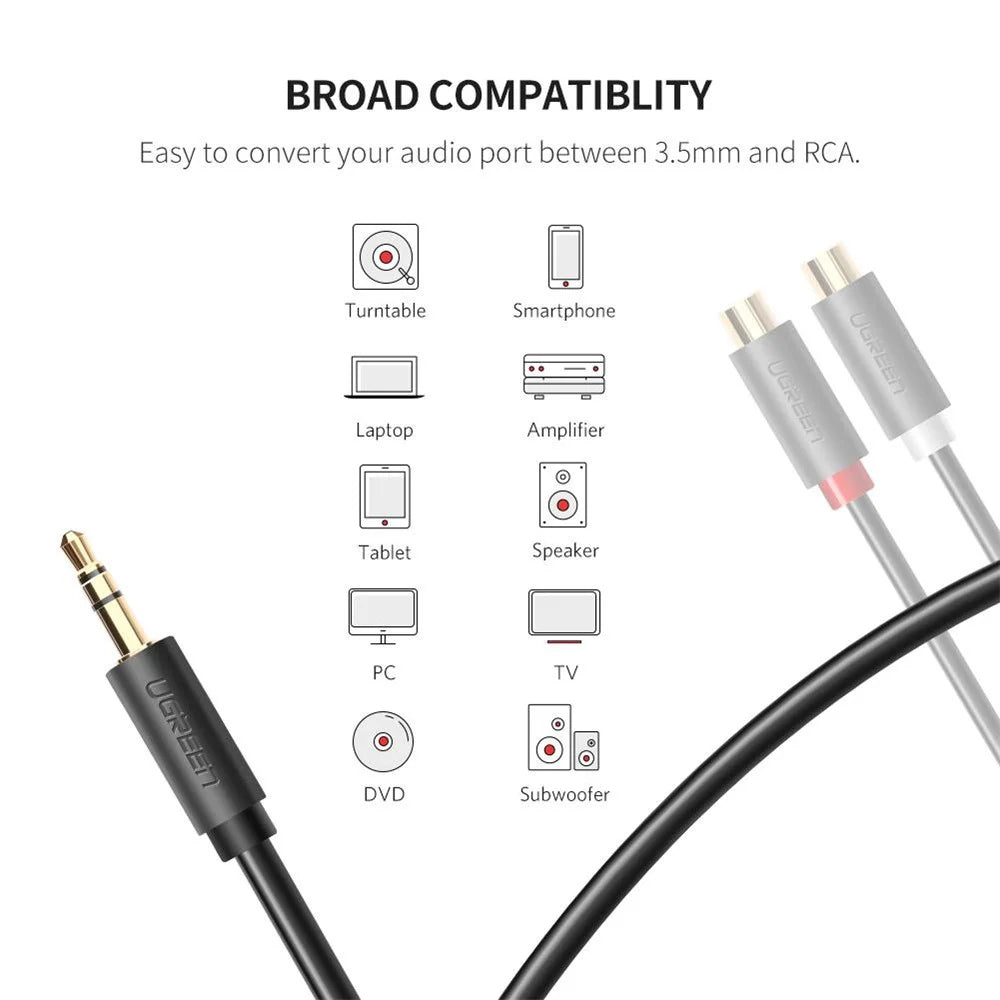 UGREEN 10547 0.25-Meter 3.5mm AUX Male to 2RCA Female RCA Y-Splitter Audio Adapter Connector Cord for Smartphones/Speakers/Tablets/HDTV/MP3 Players - 2
