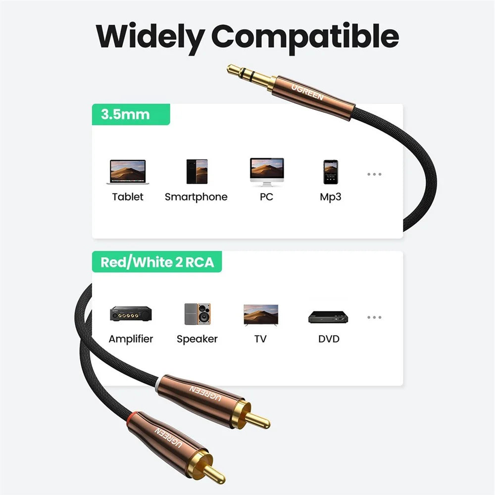 UGREEN 80845 1-Meter Tangle-Free Reversible 3.5mm Male to 2RCA Male Stereo Audio Adapter for Smartphones/Speakers/Hi-Fi Amplifier/HDTV/MP3 Players - 2
