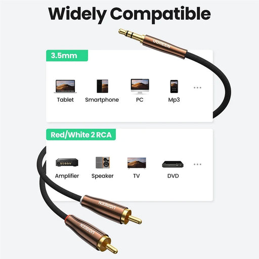 UGREEN 80848 3-Meter Hi-Fi Sound Quality 3.5mm to 2RCA Male Reversible Stereo Audio Adapter RCA Cord for Smartphones/Speakers/Hi-Fi Amplifier/HDTV/MP3 Players - 2