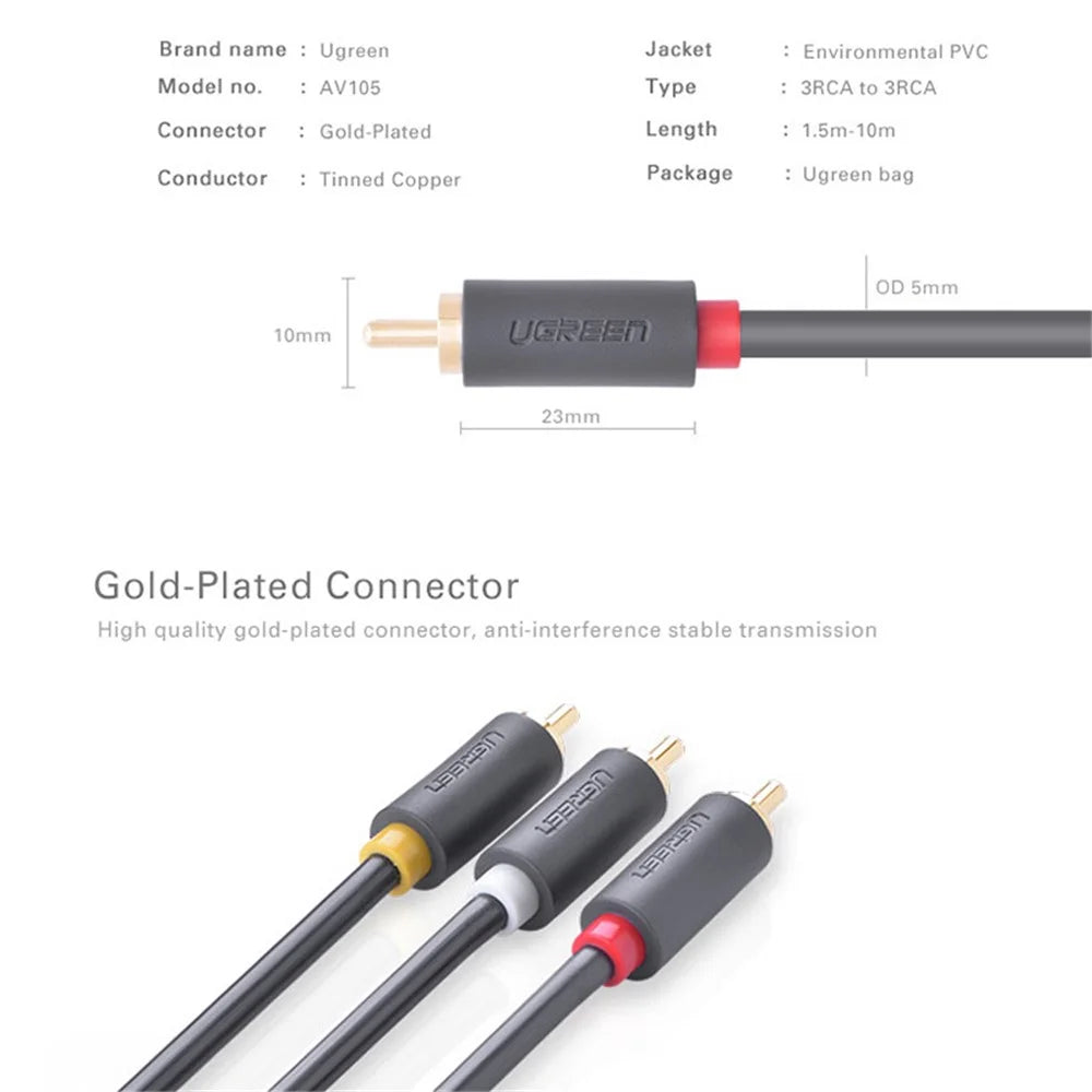UGREEN 10524 1.5m 3 RCA Male to 3 RCA Male Stereo Audio Cable AUX Cord - 7