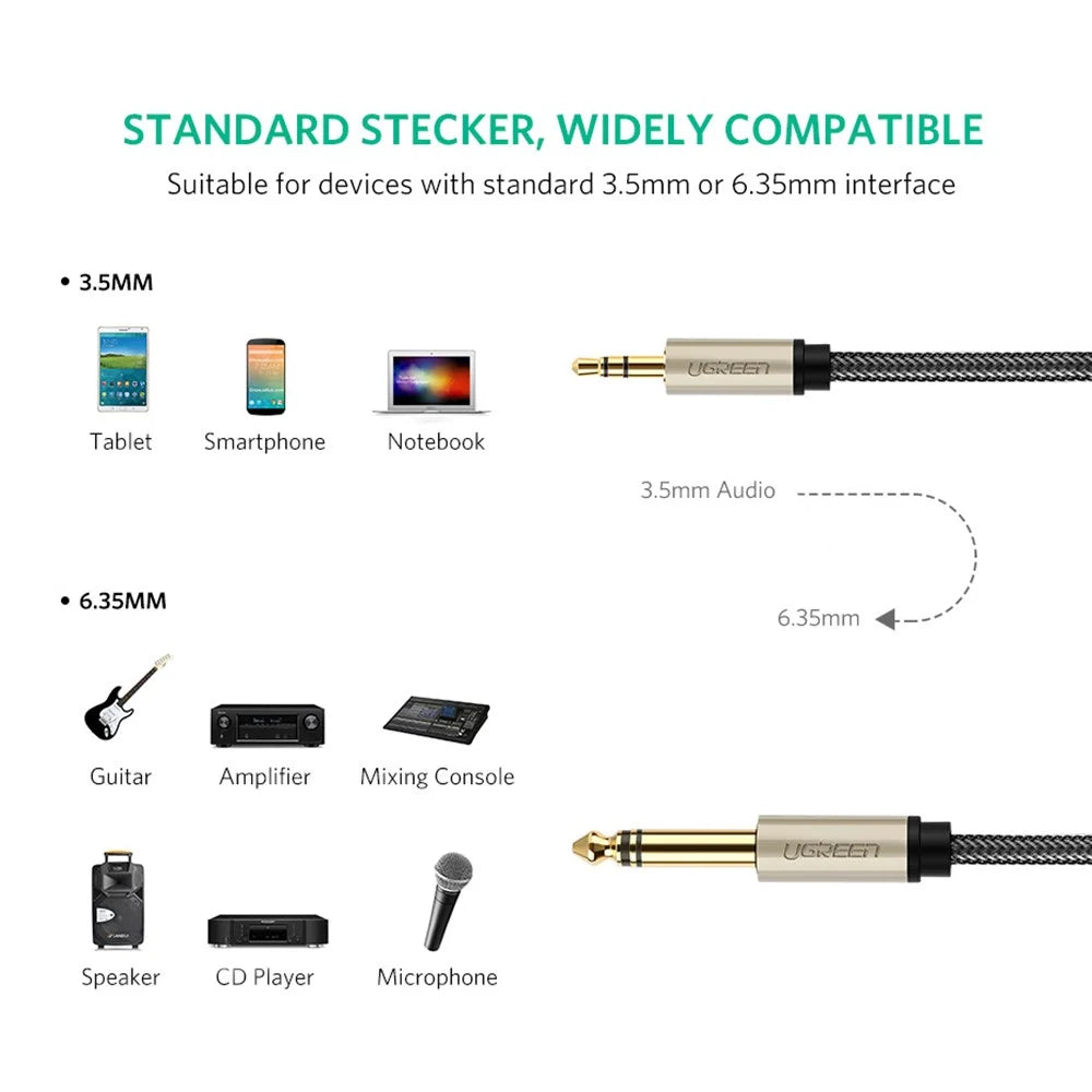 UGREEN 40804 2-Meter Copper Shell 6.35mm 1/4 inch Male to 3.5 mm 1/8 inch Male Stereo Aux Jack Adapter Cable for Cellphones/Amplifiers/Home Theater - 6