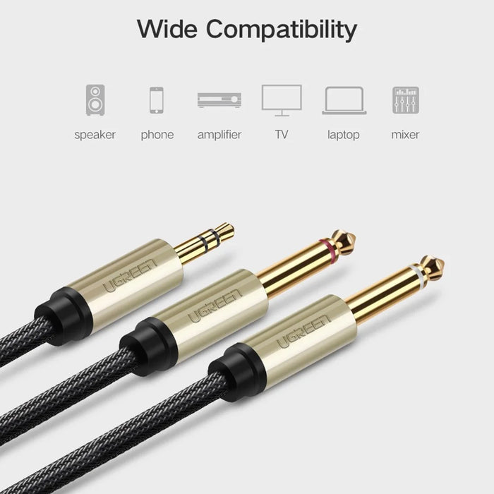 UGREEN 40791 1.5-Meter 3.5mm 1/8" Male TRS to 2 x 6.35mm 1/4" Male TS Stereo Audio Cable Y Splitter for Cellphones/Amplifiers/Home Theater - 3