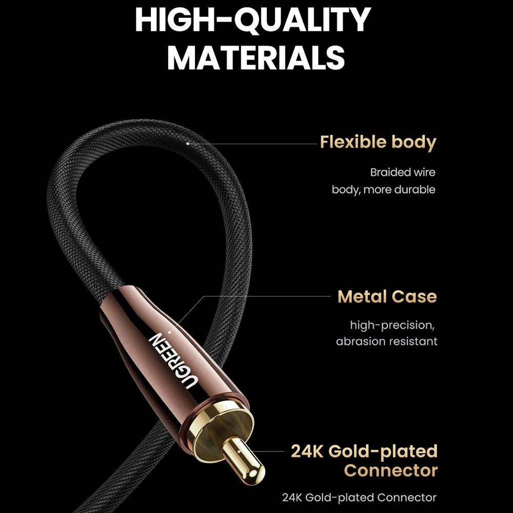 UGREEN 1m Digital Coaxial Audio Cable RCA Male to RCA Male Subwoofer Speaker Cable for DVD/TV/Amplifier - 5