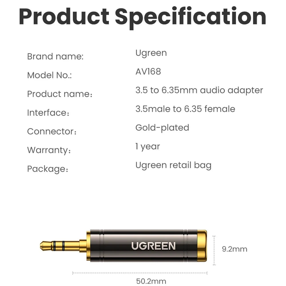 UGREEN 3.5mm Male to 6.5mm 1/4" Female Adapter for Mobile Phone PC Notebook Stereo Speaker Audio Adapter Converter - 7