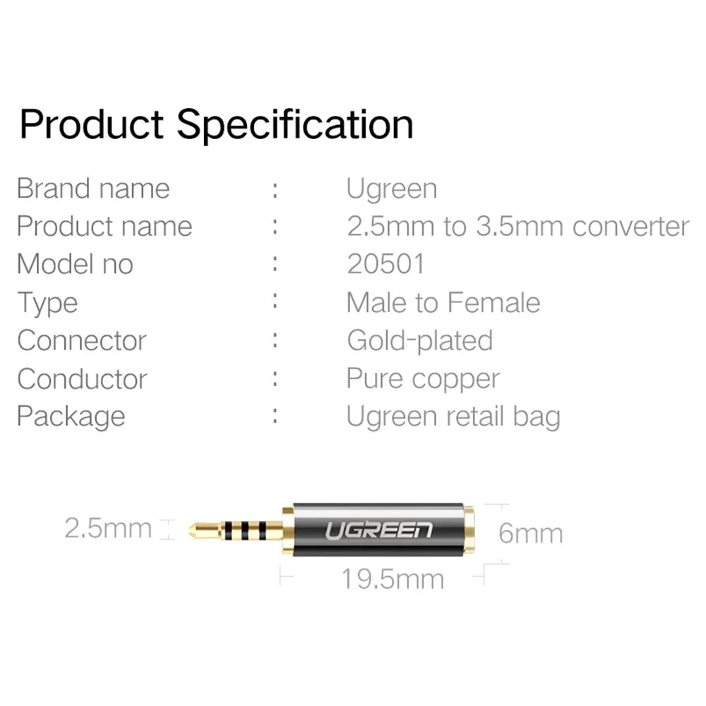 UGREEN 2.5mm Male to 3.5mm Female Stereo Audio Headphone Jack Converter Gold Plated Audio Adapter - 6