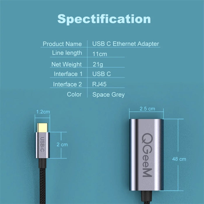 QGEEM UA05 USB-C to RJ45 Ethernet 1000Mbps LAN Network Adapter Cable for MacBook - 7