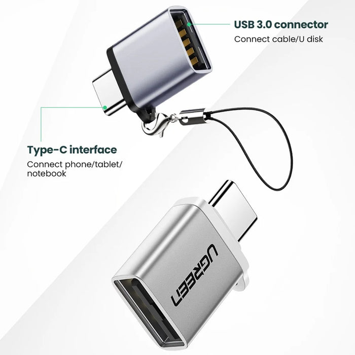 UGREEN US270 Type-C Male to USB3.0 Adapter Aluminum Shell Mini USB-C Converter with Lanyard - Grey - 3