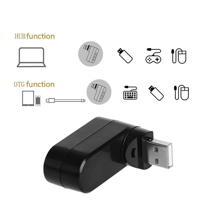 Universal Mini Rotatable 3 Port USB 3.0 Hub High Speed Data Transfer Adapter USB Expander - Black - 2