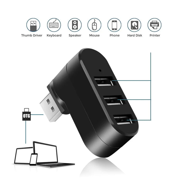 Universal Mini Rotatable 3 Port USB 3.0 Hub High Speed Data Transfer Adapter USB Expander - Black - 4