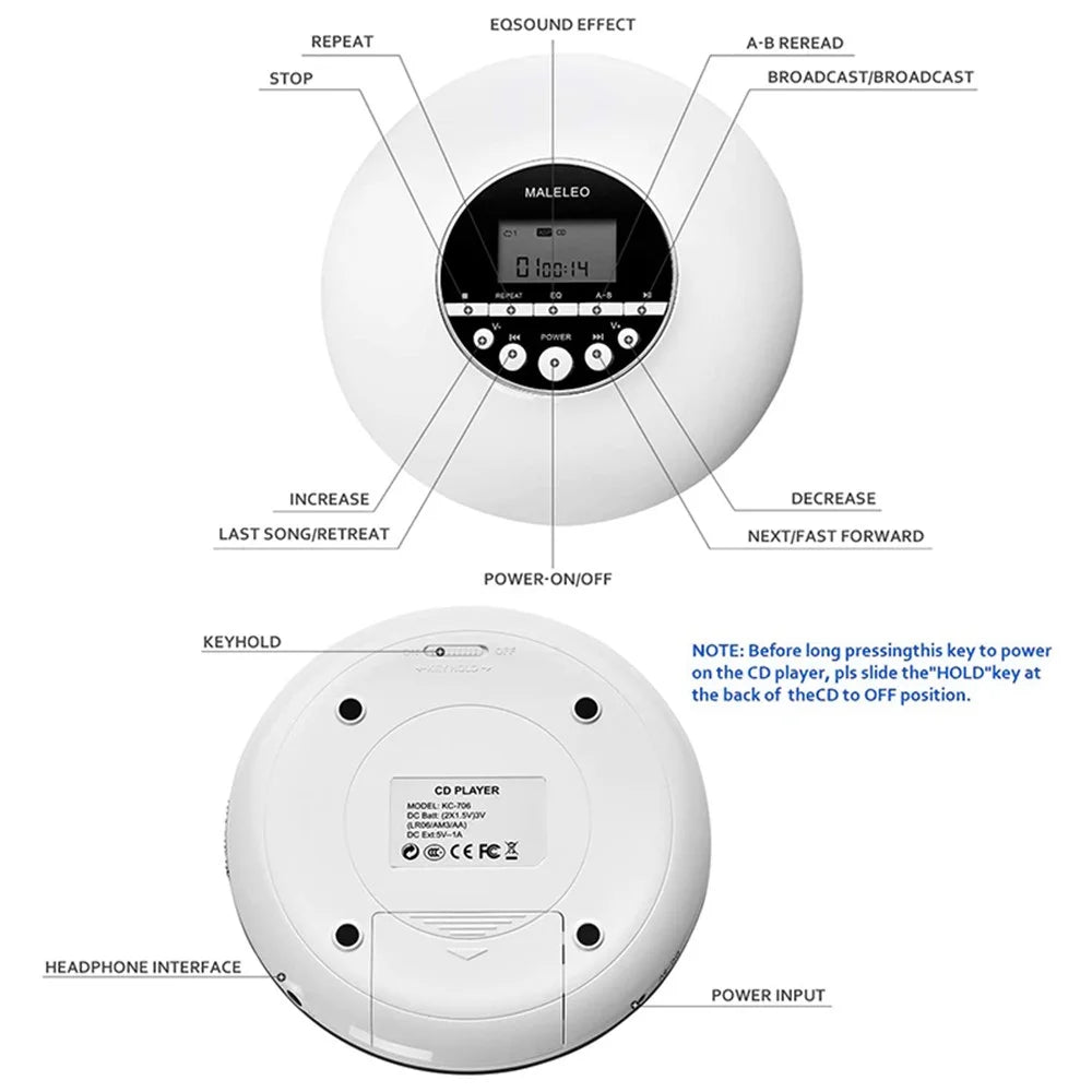 MALELEO KC-706 Round Shape Portable CD Player Battery Powered Music Player Walkman Discman with 3.5mm Jack - 7