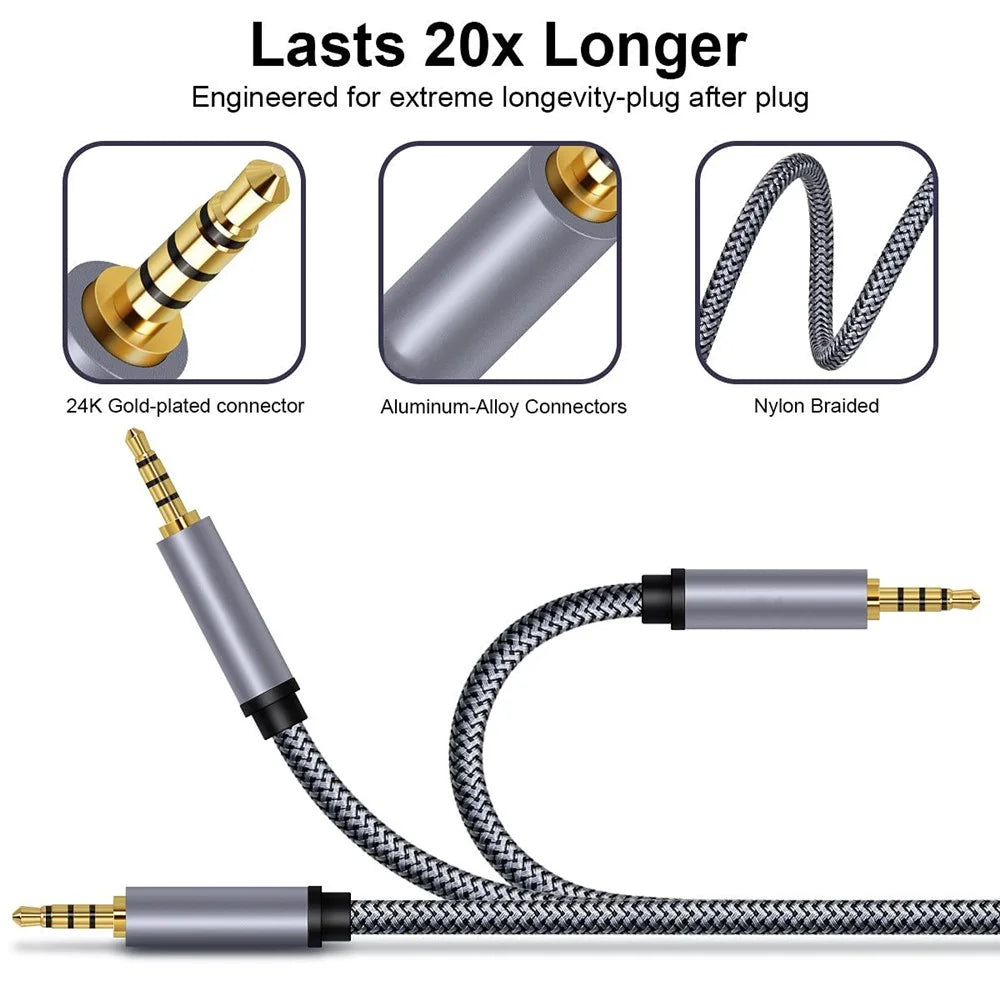 2m 3.5mm Male to Male Audio Aux Cable HiFi Stereo Braided TRRS Audio Extension Cable for Microphone Speaker Headphone - 2