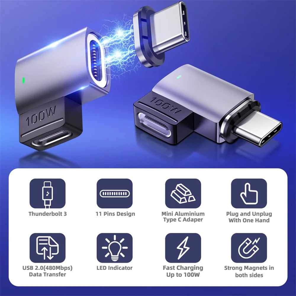 Magnetic USB-C Adapter Angled Design 11-Pin Mini Type-C Adapter Supporting PD 100W 5A Fast Charge 480Mbps Data Transfer Rate for MacBook Laptop - 4