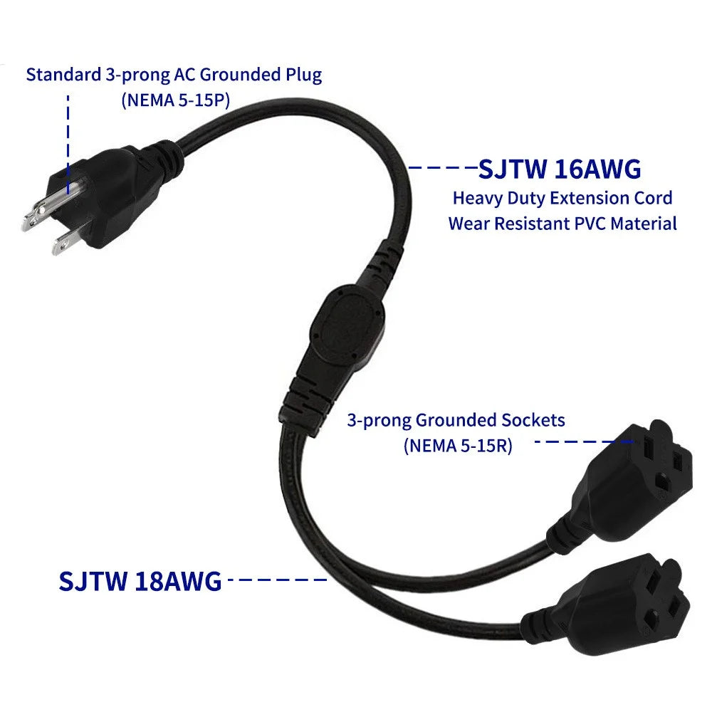 JUNSUNMAY US 0.5m / 1.6ft NEMA 5-15P 1 to 2 Way Outlet NEMA 5-15R SJT 16AWG 3 Prong Extension Power Cable - 3