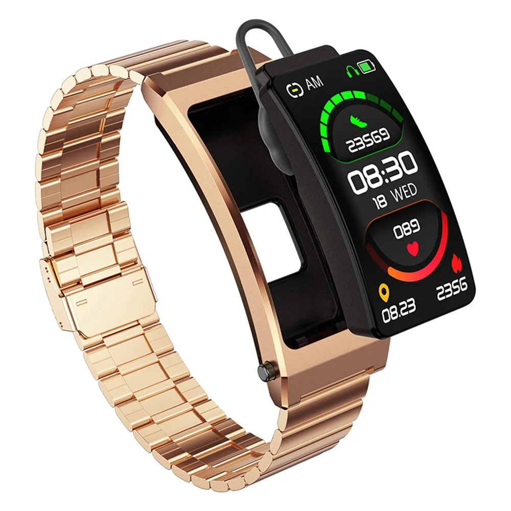 K13S 1.14 inch 2-in-1 Headset Smart Watch Life Waterproof Bluetooth-compatible Calling Sports Bracelet with Steel Strap - Gold - 1