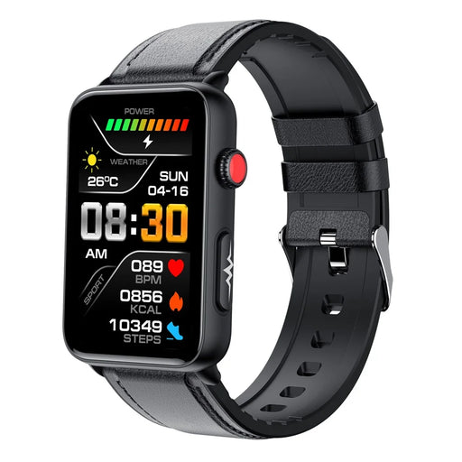 ET620 1.57 inch Smart Watch Bluetooth-compatible Call IP67 Waterproof Electric Bracelet with ECG Temperature Heart Rate Monitoring, Leather Strap - Black - 1