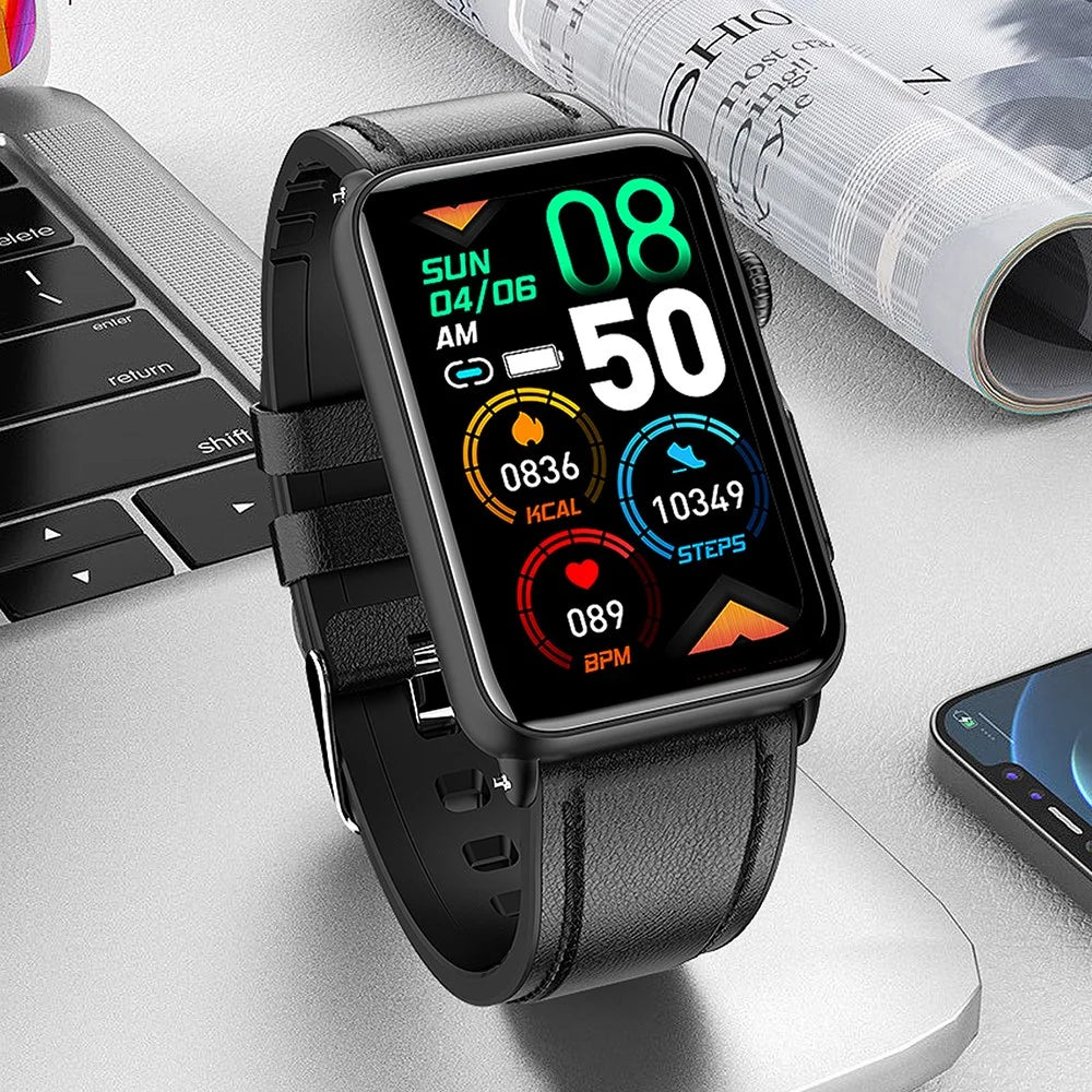 ET620 1.57 inch Smart Watch Bluetooth-compatible Call IP67 Waterproof Electric Bracelet with ECG Temperature Heart Rate Monitoring, Leather Strap - Black - 5