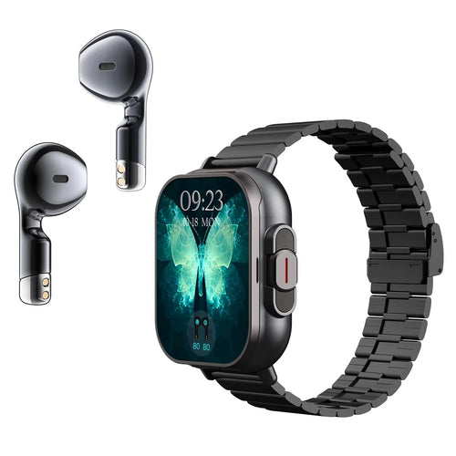 D8 2 in 1 Bluetooth-compatible Earphone Multiple Sports Modes Smart Watch Support Health Monitor, Steel Strap - Black - 1