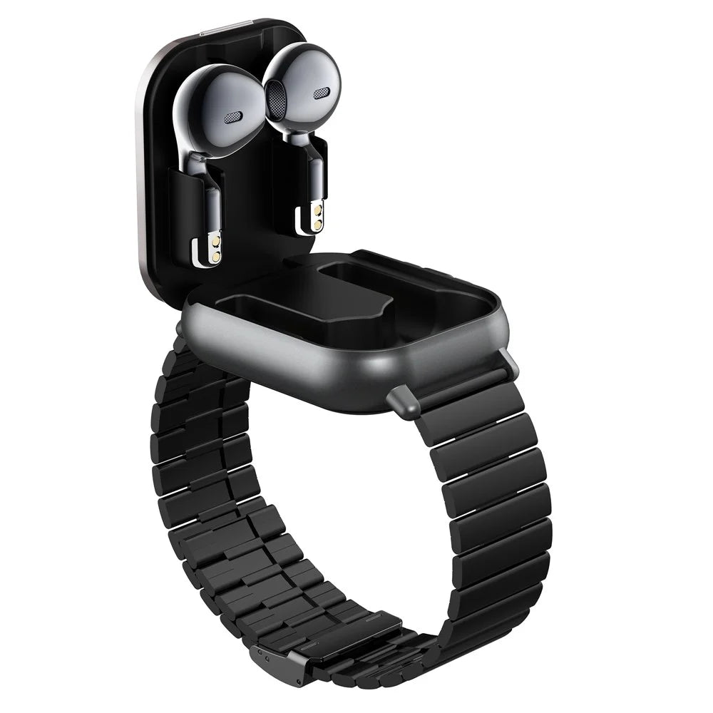 D8 2 in 1 Bluetooth-compatible Earphone Multiple Sports Modes Smart Watch Support Health Monitor, Steel Strap - Black - 6
