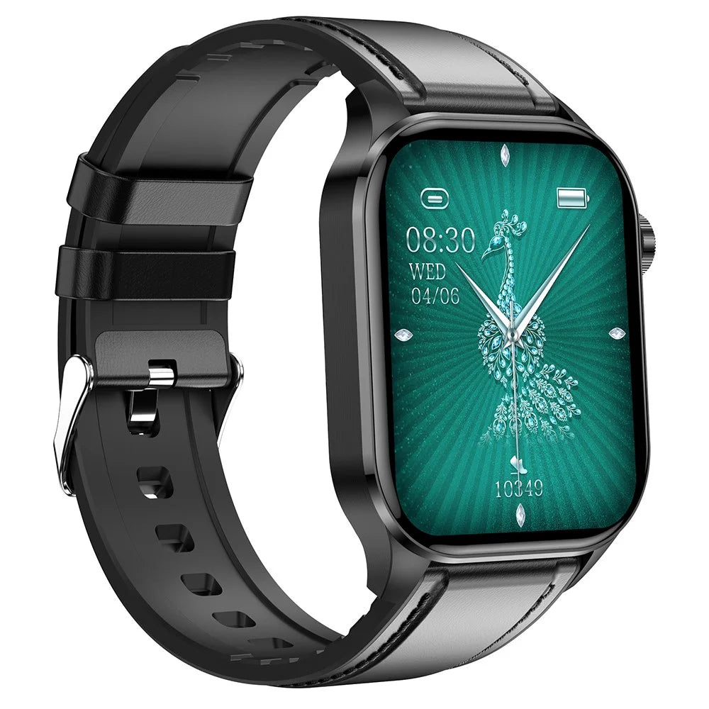 ET580 2.04" AMOLED Smart Watch Bluetooth-compatible Call ECG Health Bracelet, Leather Strap - Black - 2