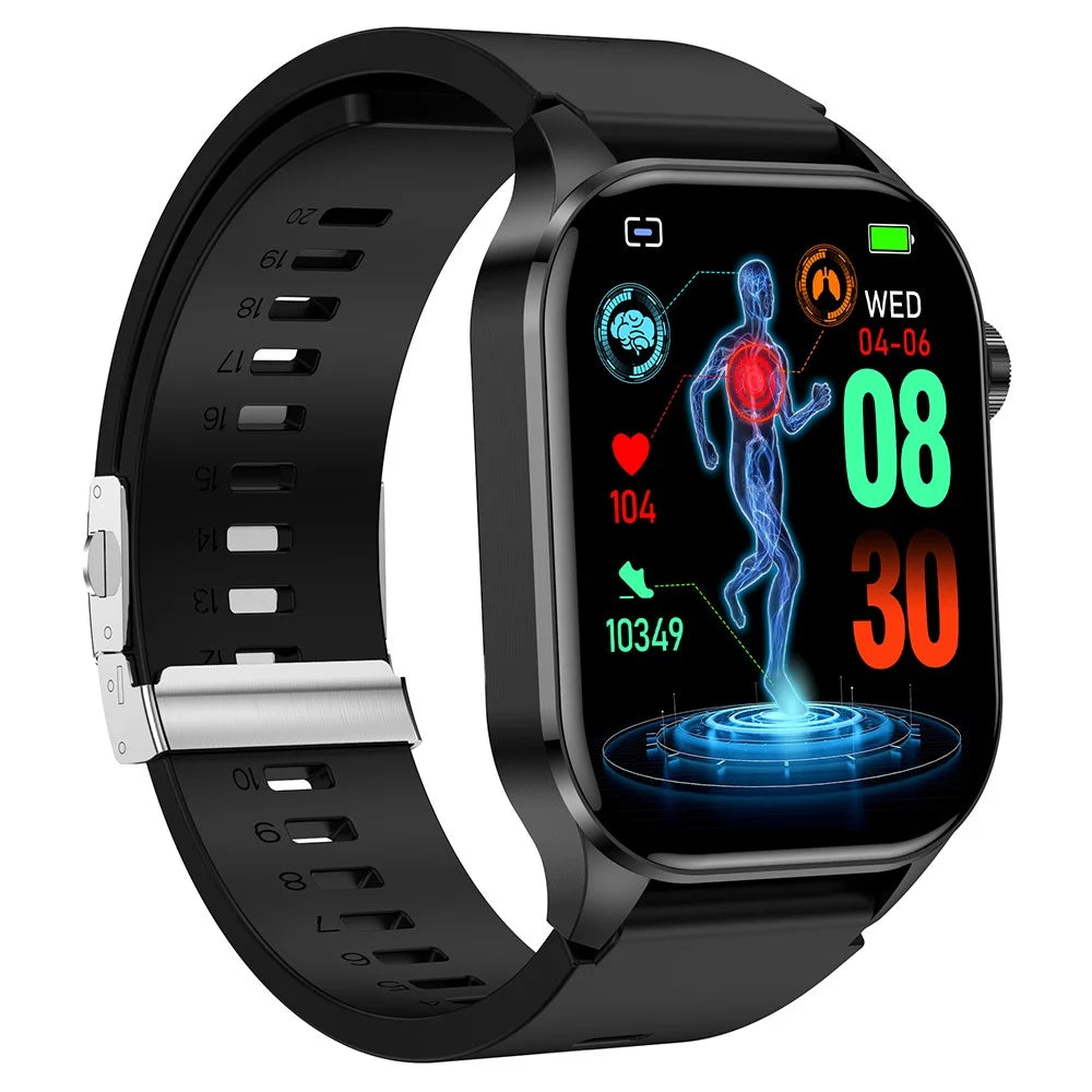 ET580 2.04" ECG Health Monitor Smart Watch, Silicone Strap+Butterfly Buckle - Black - 2