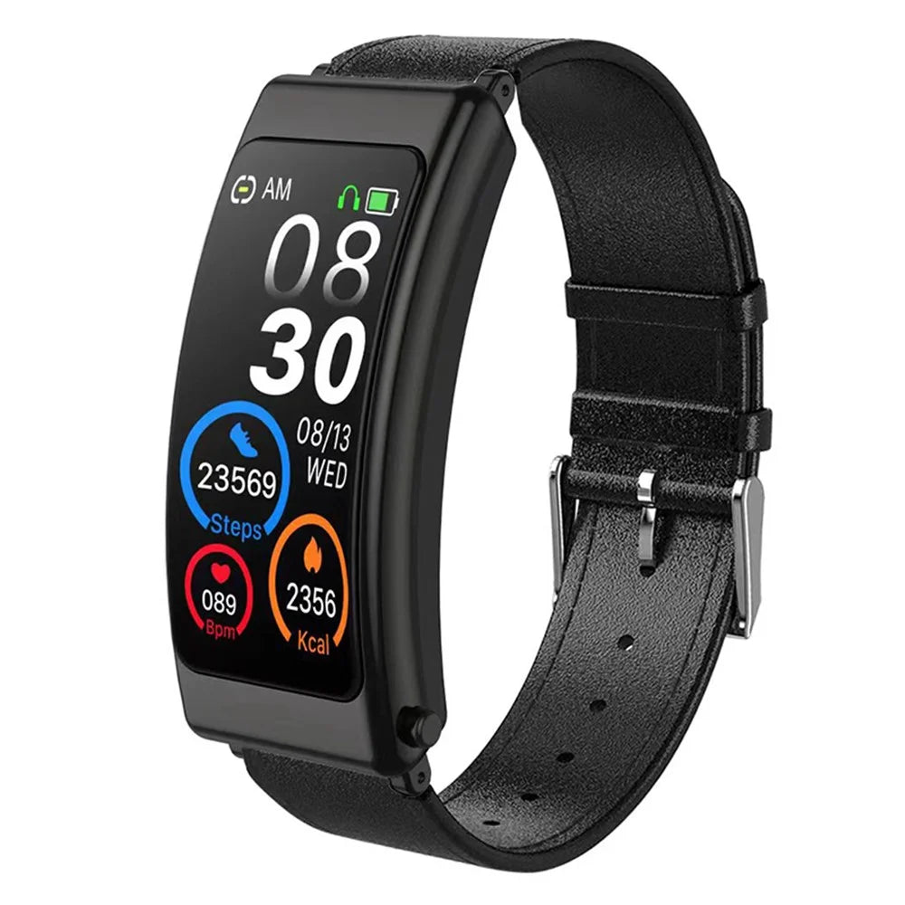 K13 2-in-1 1.14-inch Smart Watch Bluetooth-compatible Earphone Sports Bracelet, Leather Strap - Black - 1
