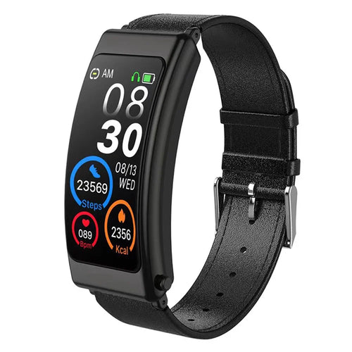 K13 2-in-1 1.14-inch Smart Watch Bluetooth-compatible Earphone Sports Bracelet, Leather Strap - Black - 1