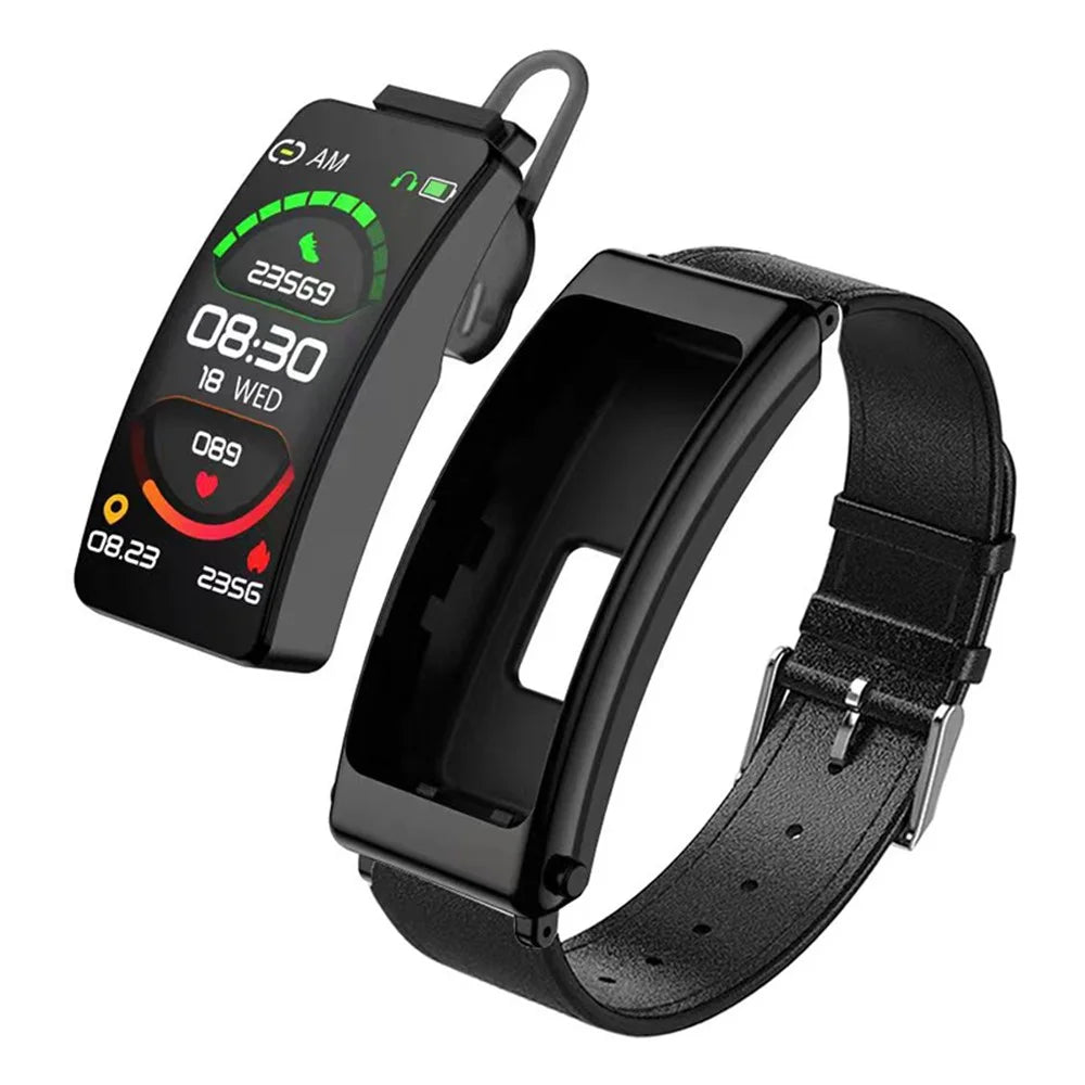 K13 2-in-1 1.14-inch Smart Watch Bluetooth-compatible Earphone Sports Bracelet, Leather Strap - Black - 2