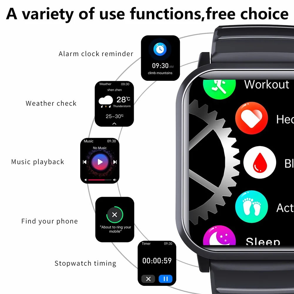 F33 Blood Sugar Heart Rate Monitor 1.91-inch Smart Watch, Silicone Strap - Blue - 6