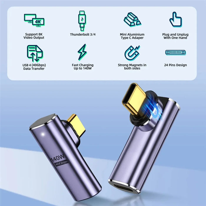 Magnetic USB4 Type-C Front Elbow Converter 40Gbps 140W 5A Fast Charging OTG Adapter - 6