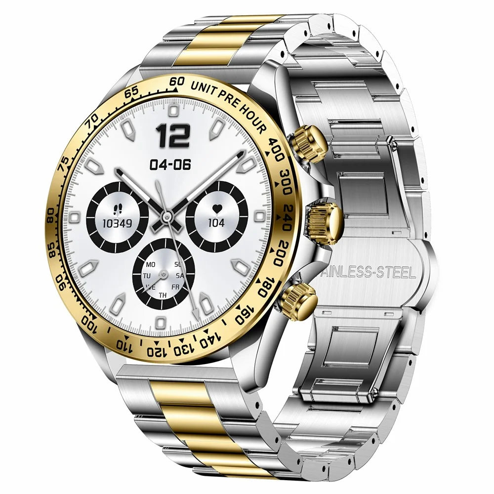 AK63 Bluetooth-compatible Call AMOLED Screen Smart Watch Bracelet with Steel Strap - Gold+Silver - 1