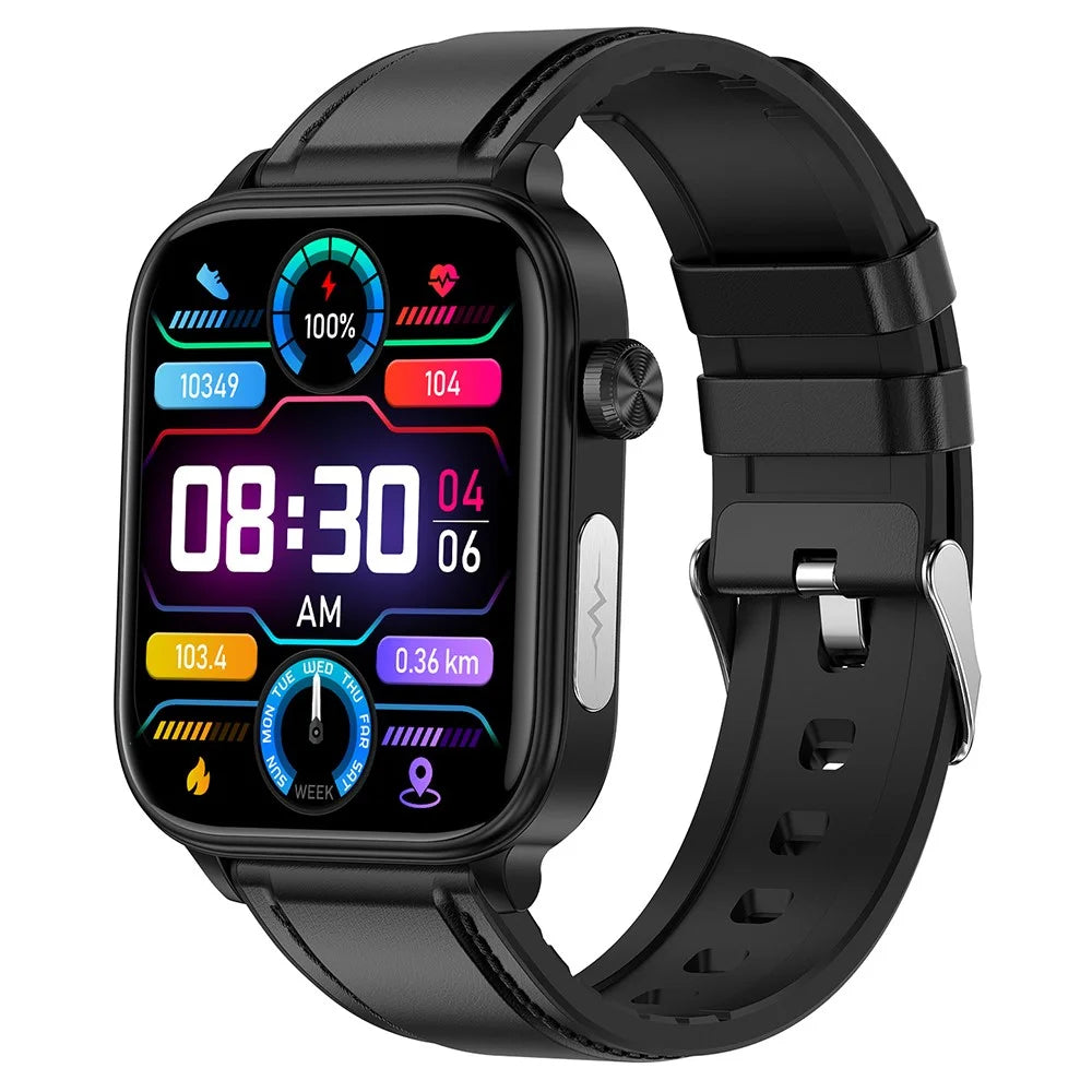 ET570 Smart Watch with Bluetooth-compatible Call, ECG, Body Temperature, Heart Rate, Blood Pressure, Multi-Sport Modes - Leather Strap - Black - 1