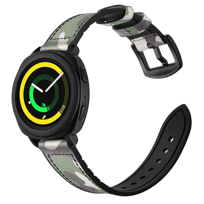 For Samsung Gear Sport (S4) Silicone Cowhide Leather Watch Strap - Green Camouflage - 2